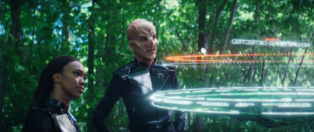 Exterior, forest. Burnham and Saru are wearing funky armor, looking at a giant hologram that reads 